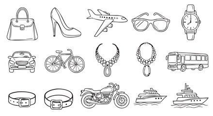Hand drawn fashion and transport items in black and white style