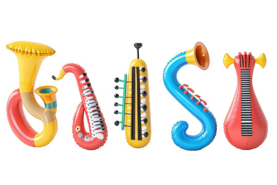 Colorful inflatable musical instruments set, trumpet, saxophone, melodica, clarinet, guitar, png clipart, isolated on transparent background