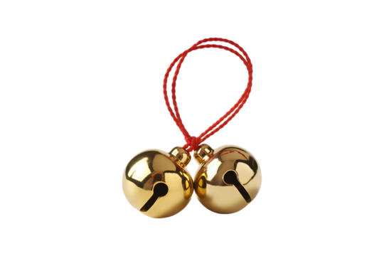 Pair of shiny gold jingle bells tied with red thread isolated on transparent background, in PNG format, cut out