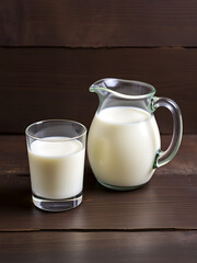 Milk in a glass and jug on a dark wooden background.
