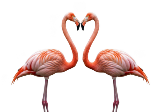 Two pink flamingos making a heart shape with necks, tropical birds, wildlife photography, love, valentine's day isolated on transparent background