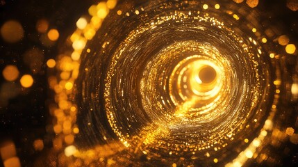 Golden light particles creating abstract vortex tunnel