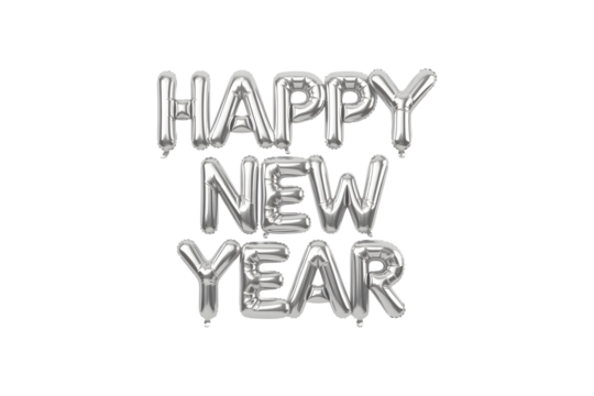 Happy New Year silver foil balloon text isolated on transparent background