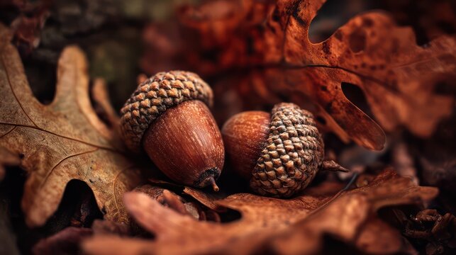 Acorns nestled within russet oak leaves sharp focus reveals intricate textures shadows adding dimension naturally balanced exposure preserving - Powered by Adobe