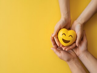 Hands holding a happy yellow heart on a bright yellow background