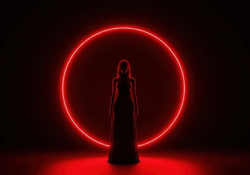 A solitary woman in a long dress stands silhouetted against a large, glowing red neon circle, creating a dramatic and mysterious atmosphere with futuristic or abstract vibes