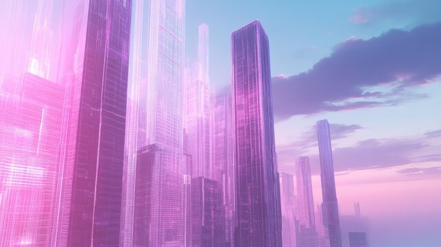 Futuristic cityscape at sunset with towering skyscrapers