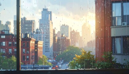 rain window droplet city blur building soft daylight calm urban mood