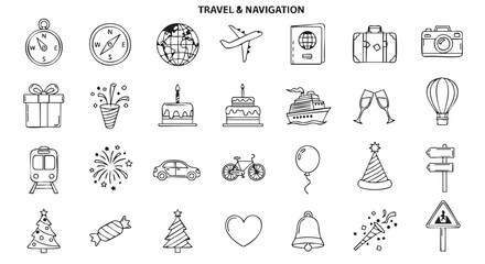 Hand drawn travel and celebration icon set in vector format