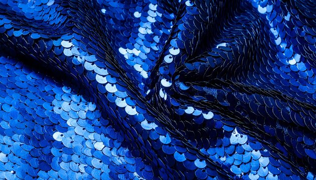 Close-up of shimmering, flowing fabric with blue, iridescent sequins - Powered by Adobe