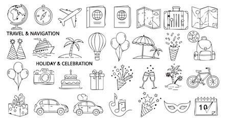 Hand drawn travel and holiday illustrations with navigation and celebration items