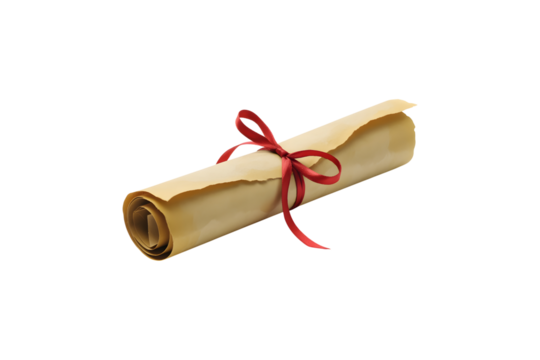 Rolled parchment paper scroll tied with red ribbon isolated on transparent background