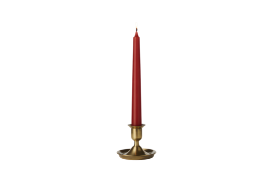 Single tall red taper candle in brass candlestick isolated on transparent background, in PNG format, cut out