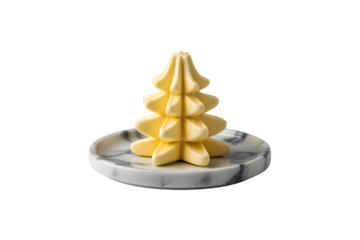 Molded butter shaped like a Christmas tree on marble plate isolated on transparent background, in PNG format, cut out