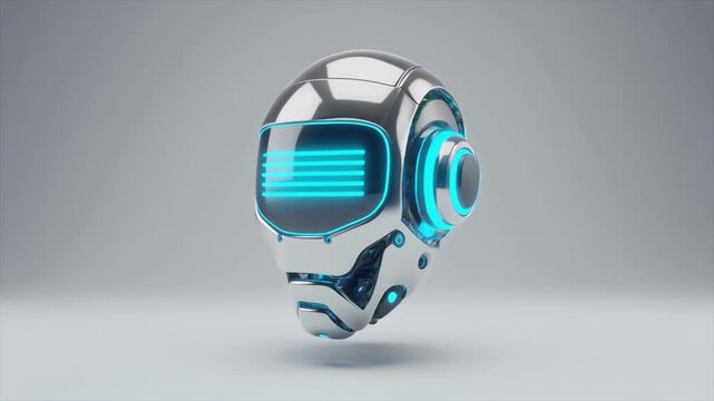 A sleek, metallic, futuristic robot helmet with glowing blue accents on a plain grey background, rendered in 3D.