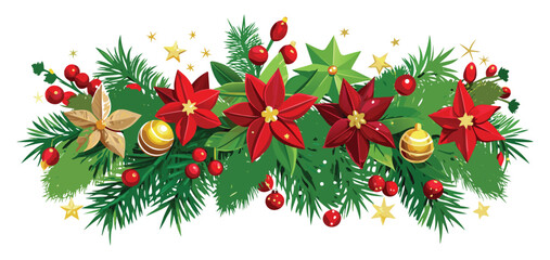 Christmas arrangement of poinsettia flowers and fir branches.