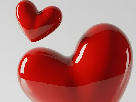 Two glossy red hearts floating against a white background