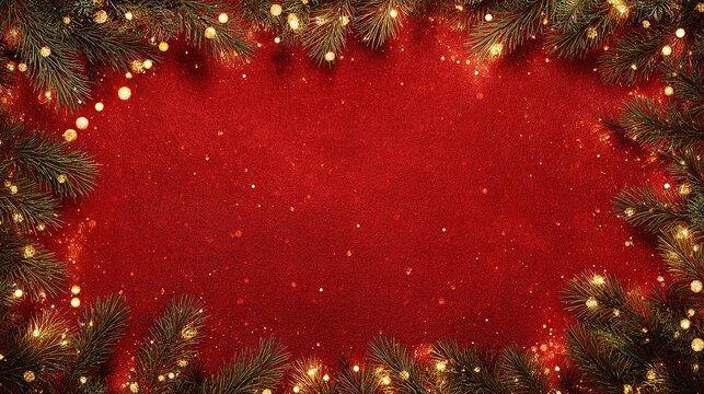 Christmas red background with golden lights and green branches framing canvas texture, top view with central copy space for cards, New Year celebrations, and branding.