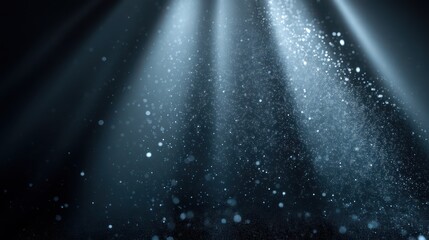 An abstract haze of drifting particles illuminated by angled beams of soft white light Volumetric depth enhances dimension