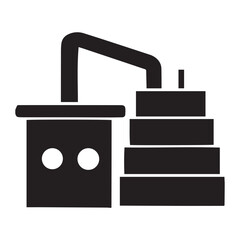 Stylized black and white illustration of a distillation apparatus with a round flask and stacked components symbolizing a process or system