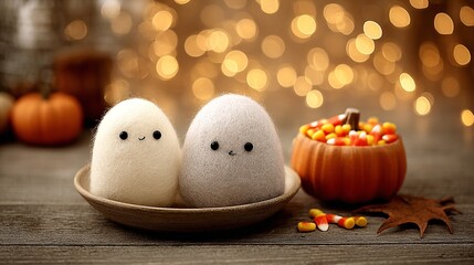 Obraz premium a cozy holiday scene featuring two cute, plush toys in a wooden bowl next to a pumpkin filled with candy.