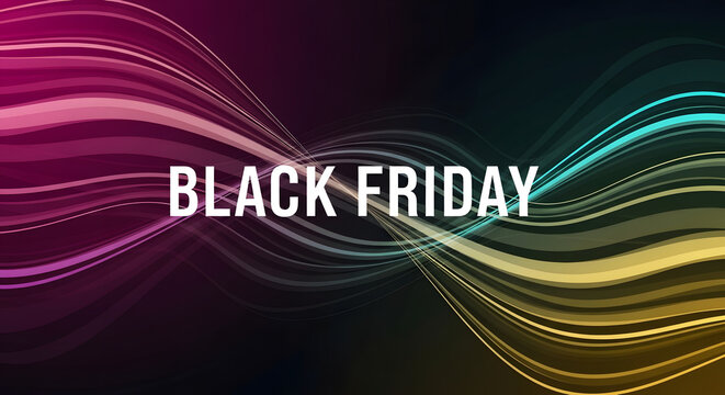 Black Friday Banner with Colorful Rainbow Gradient Flowing Waves on Dark Background for Sale Promotion - Powered by Adobe