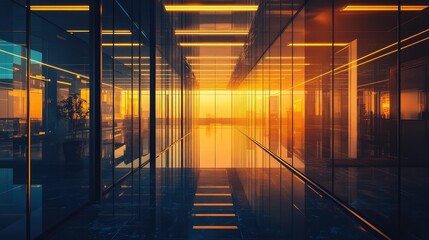 Modern office building interior with striking sunset light
