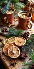 Christmas Scene with Dried Orange Slices, surrounded by Pine Branches and Star-Shaped Decorations