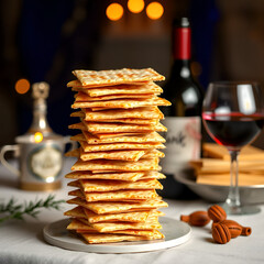 Passover Tradition: Stack of matzo bread with wine and festive background