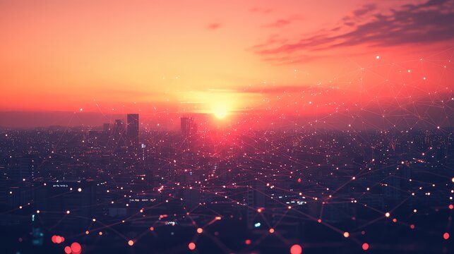 Smart city network connecting urban skyline during sunset
