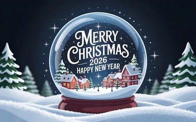 Merry Christmas and Happy New Year 2026 enchanting snow globe with snowy winter village and stars
