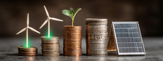 a group of small turbines and stacks of gold coins with plants growing out of them, next to a solar panel