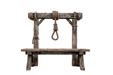 Old wooden gallows with hanging rope isolated on transparent background