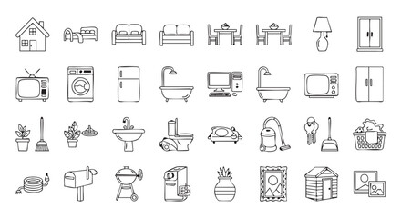 Set of Hand Drawn Household Items Icons in Black and White