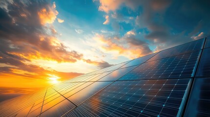 Solar panels harnessing sun energy at sunset