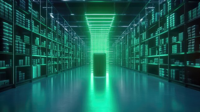 Data center server room organizing digital information storage