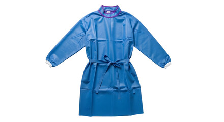 Blue Disposable Surgical Gown with Tie Belt and Purple Trim on Black medical protective clothing isolated on a transparent background