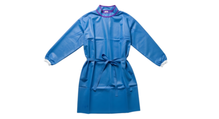 Blue Disposable Surgical Gown with Tie Belt and Purple Trim on Black medical protective clothing isolated on a transparent background
