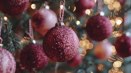 Close-up of a Christmas tree decorated with sparkling red ornaments and warm bokeh lights.