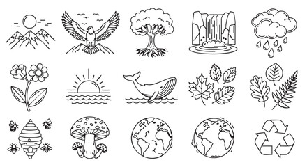 Set of outdoor nature elements outline drawing vector illustration design