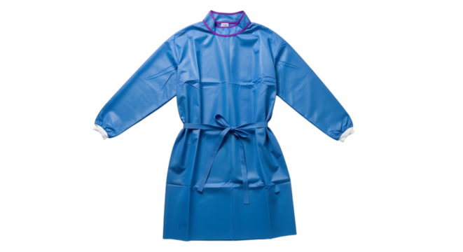 Blue Disposable Surgical Gown with Tie Belt and Purple Trim on Black medical protective clothing isolated on a transparent background