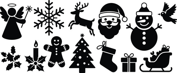 Christmas holiday icons set, festive symbols, winter elements, Santa, snowman, angel, gifts, decorations, silhouette graphics, seasonal celebration illustrations