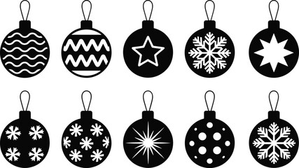 Christmas ornament icons, festive bauble silhouettes, holiday decoration designs, winter snowflake balls, star and pattern ornaments, black vector Christmas elements