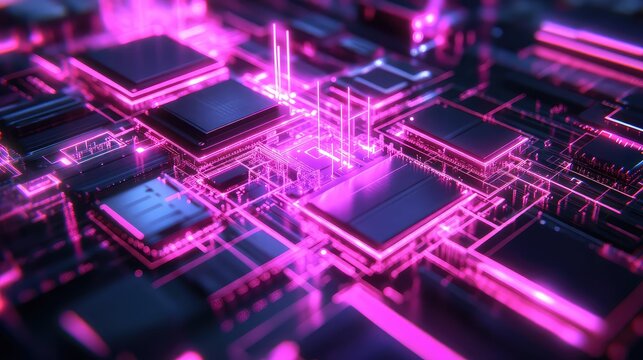 Futuristic circuit board radiating pink neon data processing
