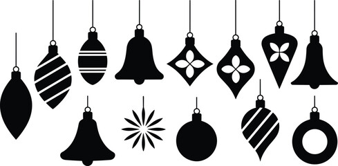 Christmas ornament silhouettes, holiday hanging decorations, festive baubles, bells, seasonal shapes, black vector icons, winter decor design elements illustration