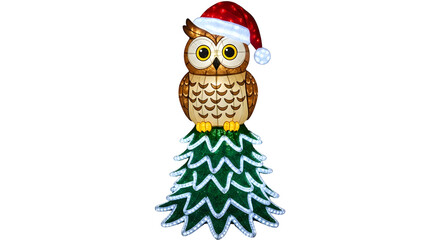 Whimsical Owl Ornament Perched on Stylized Christmas Tree with Santa Hat

