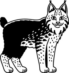 A stylized black and white illustration of a bobcat. The bobcat is depicted in a standing pose, facing the viewer with a friendly expression and open eyes. The bobcat features distinct tufted ears, a 