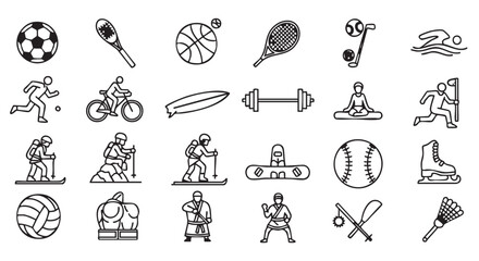 Sports and Outdoor Activities Pictogram Set in Black and White Style