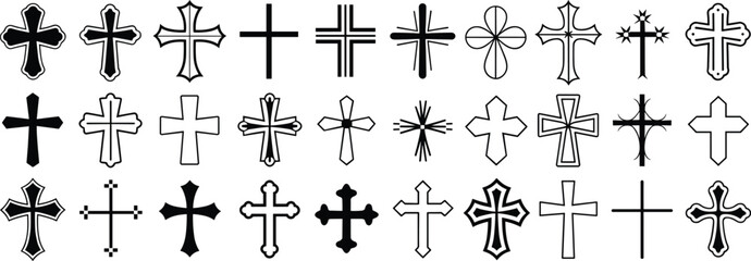 Collection of decorative cross symbols, Christian religious icons, ornate crucifix designs, black and white vector set for faith, worship, spirituality illustrations