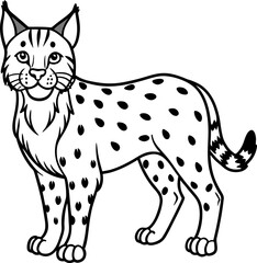 A stylized black and white illustration of a bobcat. The bobcat is depicted in a standing pose, facing the viewer with a friendly expression and open eyes. The bobcat features distinct tufted ears, a 